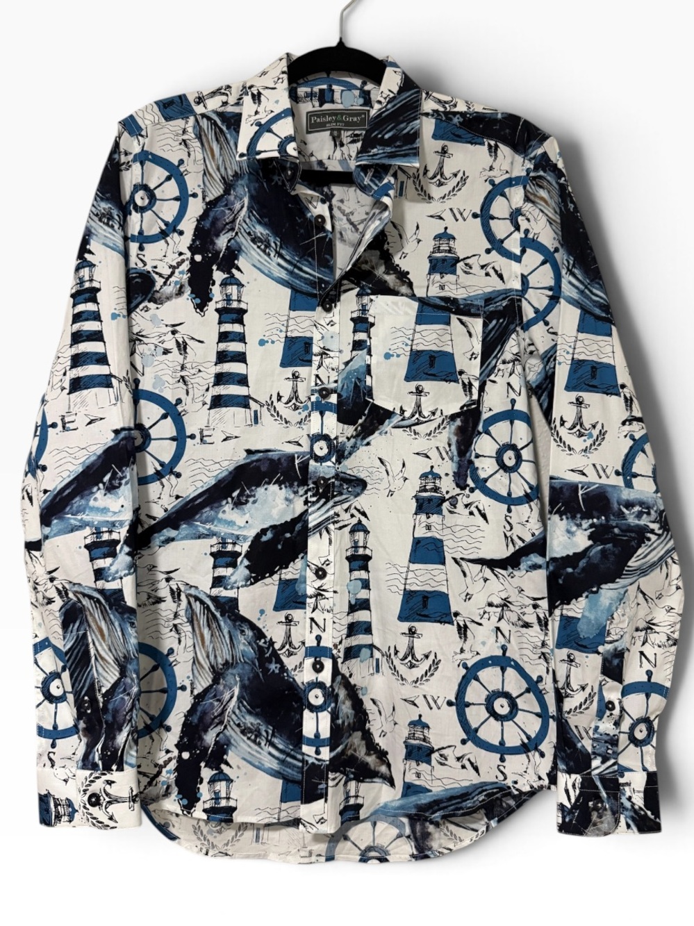 Paisley & Gray Nautical Whale Button Down Slim Fit Shirt Size Medium 16